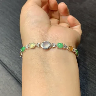High-Icy Multicolor Natural Jadeite Cabochon Bracelet — S925 Silver · No. 702E
