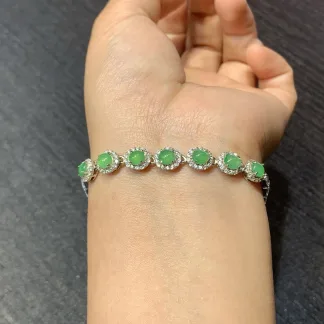Icy Vivid Green Natural Jadeite Cabochon Bracelet — S925 Silver · No. 57B8