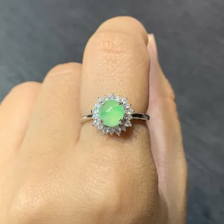 High-Icy Glowing Green Natural Jadeite Cabochon Ring — S925 Silver · No. 3F56