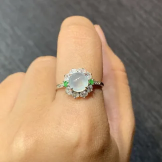 High-Icy Glowing Natural Jadeite Cabochon Ring — S925 Silver · No. 1B94
