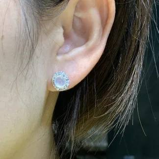 High-Icy Glowing Natural Jadeite Cabochon Stud Earrings — S925 Silver · No. 37AE