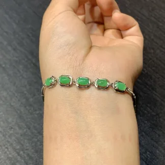 Icy Vivid Green Natural Jadeite Cabochon Bracelet — S925 Silver · No. 91FA