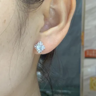 High-Icy Soft White Natural Jadeite Cabochon Stud Earrings — S925 Silver · No. 7F35