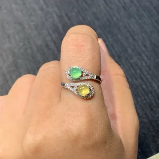 High-Icy Yellow and Green Natural Jadeite Cabochon Ring — S925 Silver · No. 26CC