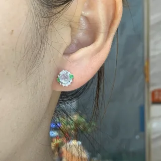 High-Icy Glowing Natural Jadeite Cabochon Stud Earrings — S925 Silver · No. 96B8