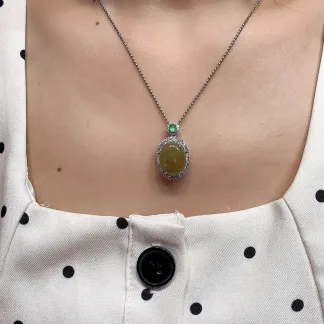 Icy Honey Yellow Natural Jadeite Cabochon Pendant — S925 Silver · No. 81B5