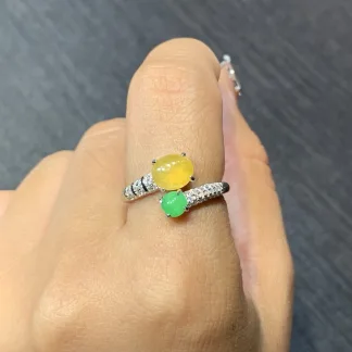 High-Icy Yellow and Green Natural Jadeite Cabochon Ring — S925 Silver · No. D31F