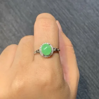 Icy Vivid Green Natural Jadeite Cabochon Ring — S925 Silver · No. D1AA