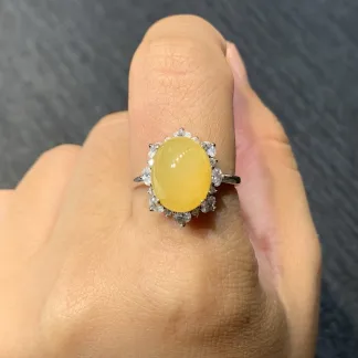 Icy Honey Yellow Natural Jadeite Cabochon Ring — S925 Silver · No. 5193