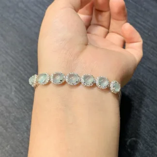 High-Icy Glowing Natural Jadeite Cabochon Bracelet — S925 Silver · No. 4B99
