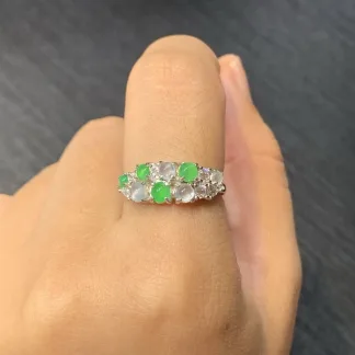 High-Icy White and Green Natural Jadeite Cabochon Ring — S925 Silver · No. 87D0