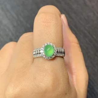 High-Icy Glowing Green Natural Jadeite Cabochon Ring — S925 Silver · No. 07A3