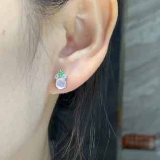 High-Icy Glowing Natural Jadeite Cabochon Stud Earrings — S925 Silver · No. 61DC