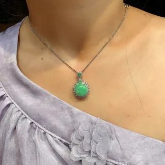 Icy Fresh Vivid Green Natural Jadeite Cabochon Pendant — S925 Silver · No. DD4B