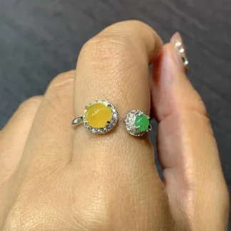 Icy Yellow and Green Natural Jadeite Cabochon Ring — S925 Silver · No. 7DB9