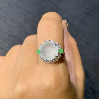 High-Icy Glowing Natural Jadeite Cabochon Ring — S925 Silver · No. 92DB