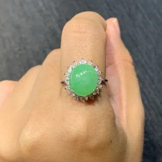 Icy Vivid Green Natural Jadeite Cabochon Ring — S925 Silver · No. E8CF