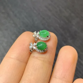 Icy Vivid Green Natural Jadeite Cabochon Stud Earrings — S925 Silver · No. 8063