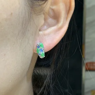 Icy Vivid Green Natural Jadeite Cabochon Huggie Earrings — S925 Silver · No. B509
