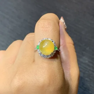 High-Icy Honey Yellow Natural Jadeite Cabochon Ring — S925 Silver · No. 04D8
