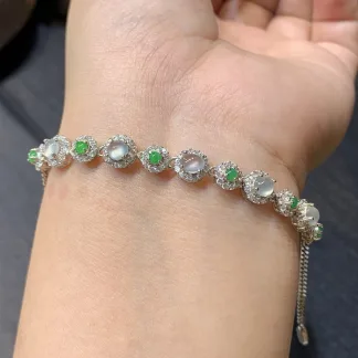 High-Icy Glowing Natural Jadeite Cabochon Bracelet — S925 Silver · No. BB07