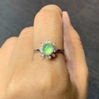 High-Icy Clear Green Natural Jadeite Cabochon Ring — S925 Silver · No. 0DC7