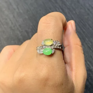 High-Icy Honey Yellow and Green Natural Jadeite Cabochon Ring — S925 Silver · No. C45A