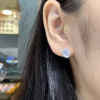 High-Icy Glowing Natural Jadeite Cabochon Stud Earrings — S925 Silver · No. 6067