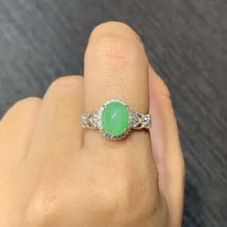 Icy Clear Vivid Green Natural Jadeite Cabochon Ring — S925 Silver · No. 6F6B