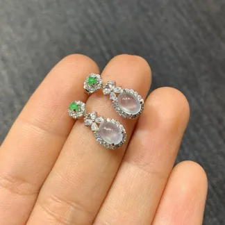 High-Icy Glowing Natural Jadeite Cabochon Drop Earrings — S925 Silver · No. 64BB