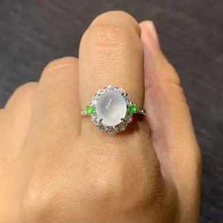 High-Icy Glowing Natural Jadeite Cabochon Ring — S925 Silver · No. 4BED
