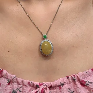 Icy Honey Yellow Natural Jadeite Cabochon Pendant — S925 Silver · No. 0351