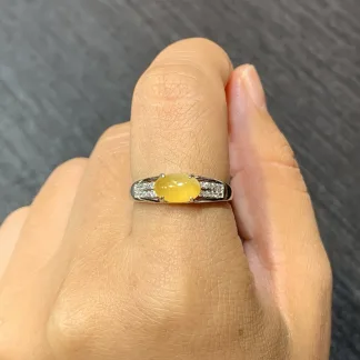 High-Icy Honey Yellow Natural Jadeite Cabochon Ring — S925 Silver · No. 7818