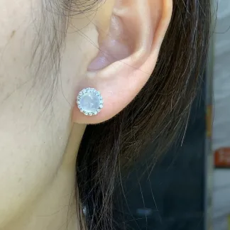 High-Icy Glowing Natural Jadeite Cabochon Stud Earrings — S925 Silver · No. A437