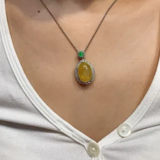 High-Icy Honey Yellow Natural Jadeite Cabochon Pendant — S925 Silver · No. 69E6
