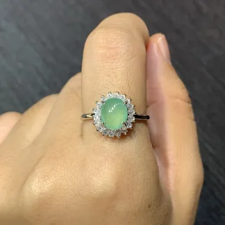 High-Icy Clear Green Natural Jadeite Cabochon Ring — S925 Silver · No. FC39