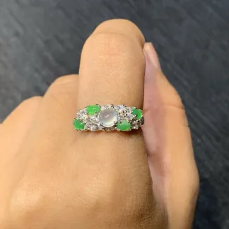 High-Icy White and Green Natural Jadeite Cabochon Ring — S925 Silver · No. E421