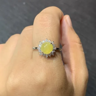 Icy Honey Yellow Natural Jadeite Cabochon Ring — S925 Silver · No. FEF2