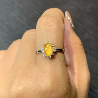High-Icy Honey Yellow Natural Jadeite Cabochon Ring — S925 Silver · No. 77CD