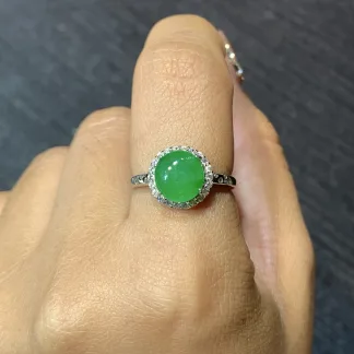 Icy Vivid Green Natural Jadeite Cabochon Ring — S925 Silver · No. CC82