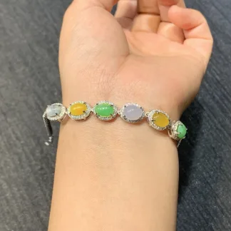High-Icy Multicolor Natural Jadeite Cabochon Bracelet — S925 Silver · No. 3C71