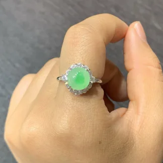 Icy Green Mottled Natural Jadeite Cabochon Ring — S925 Silver · No. 9284