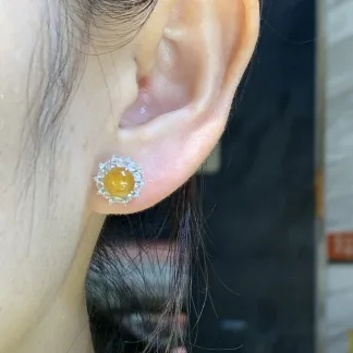High-Icy Honey Yellow Natural Jadeite Cabochon Stud Earrings — 18K Gold · No. CB5E