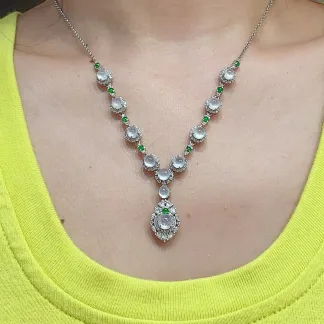 High-Icy Glowing Natural Jadeite Cabochon Necklace — S925 Silver · No. 29E9