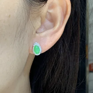 Icy Vivid Green Natural Jadeite Cabochon Stud Earrings — S925 Silver · No. 4550