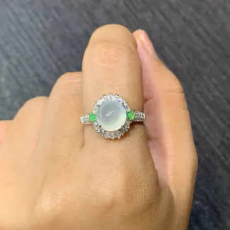 High-Icy Glowing Natural Jadeite Cabochon Ring — S925 Silver · No. 32E9