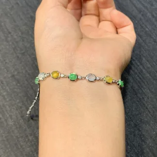 High-Icy Multicolor Natural Jadeite Cabochon Bracelet — S925 Silver · No. 4E99