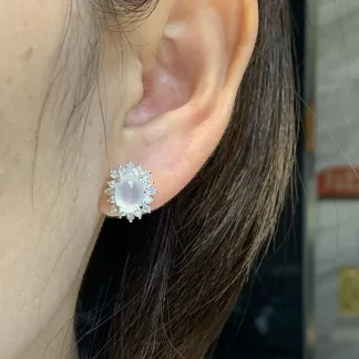 High-Icy Lustrous Natural Jadeite Cabochon Stud Earrings — S925 Silver · No. EECD