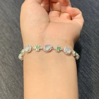 High-Icy Glowing White and Green Natural Jadeite Cabochon Bracelet — S925 Silver · No. 5CE3
