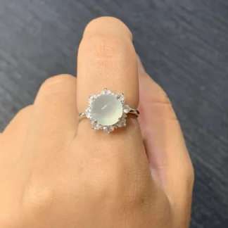High-Icy Glowing Clear Natural Jadeite Cabochon Ring — S925 Silver · No. 8965